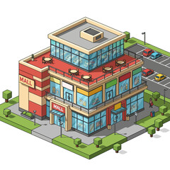 Vibrant isometric view of a modern shopping mall bustling with activity and a well-lit parking lot ready for shoppers seeking retail therapy.