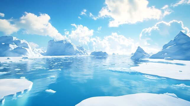 Vast arctic landscape with icebergs and reflective water under a bright sky - Powered by Adobe