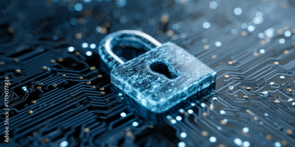 Poster digital security concept with blue lock symbolizing cyber protection on circuit board background in 