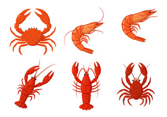 A cartoon depicts six redorange sea creatures crabs crawfish and shrimp arranged on a white background © G Factory
