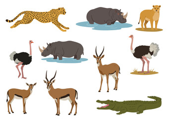 A collection of African animals including lions crocodiles rhinoceroses cheetahs gazelles and ostriches