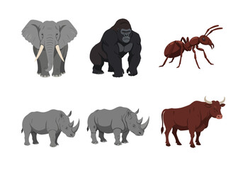 A collection of animals including an elephant gorilla rhinoceros ant and bull are displayed