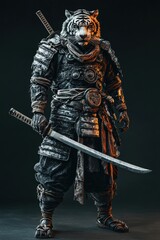 Fototapeta premium Tiger Samurai warrior in armor holding katana sword 