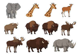 An array of pixelated animals elephant giraffe antilope buffalo moose and rhinoceros isolated on a white background