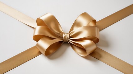 Elegant golden satin ribbon tied into a beautiful bow with flowing tails on a clean white background for gift wrapping