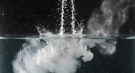 In motion &ndash; powder falling into water, dissolving with splashes and cloud-like textures, dynamic scene, copy space
