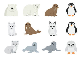 Arctic animals arranged in rows polar bears walruses foxes penguins seals owl