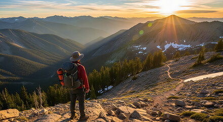 Fototapeta premium Adventurous hiker pauses on mountain summit to admire breathtaking sunset over vast landscape.