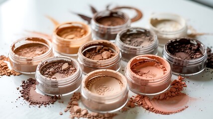 Collection of loose pigment eyeshadow pots with various earthy tones and shimmering textures scattered artistically
