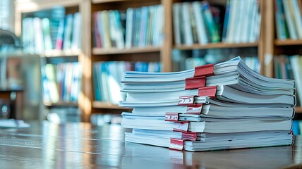 Stacks of paper documents bound with red clips sit on a wooden table in a library with blurred bookshelves in the background
