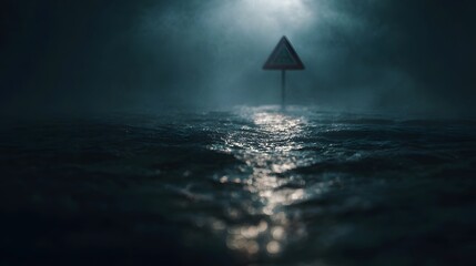 A triangular warning sign stands partially submerged in dark choppy water under dramatic misty lighting