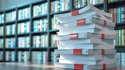 Towering stack of white paper documents bound with red clips stands tall in front of blurred library bookshelves filled with books