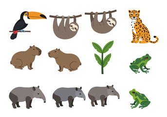 Cartoonish wildlife toucan sloths jaguar frogs capybaras tapirs and tropical flora on a white background