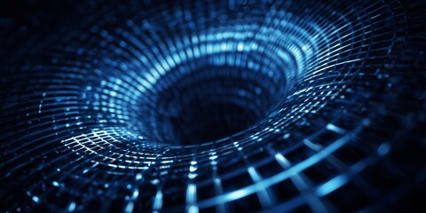 Fototapeta premium Abstract close-up view of a circular mesh structure with blue tones and glowing lines creating a tunnel effect