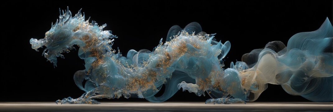 A stylized dragon, rendered in translucent blue and beige hues, appears as if formed from smoke or wispy clouds against a black backdrop. Its form is dynamic, suggesting movement and energy