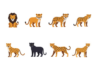 Fototapeta premium Eight cartoon felines in a 2x4 grid lion tiger jaguar leopard panther with spots and stripes