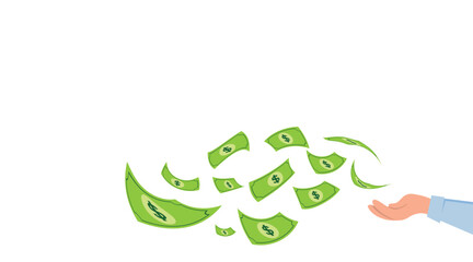 Hand throwing flying dollar bills money vector isolated on transparent background