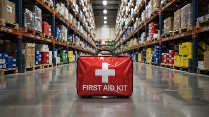 Bright red first aid kit with white cross and text prominently displayed in the center of a vast warehouse aisle filled with shelves of products