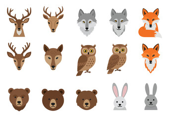 Obraz premium Flat cartoonstyle animal illustrations including deer wolves foxes owls bears and rabbits arranged in a grid on a white background