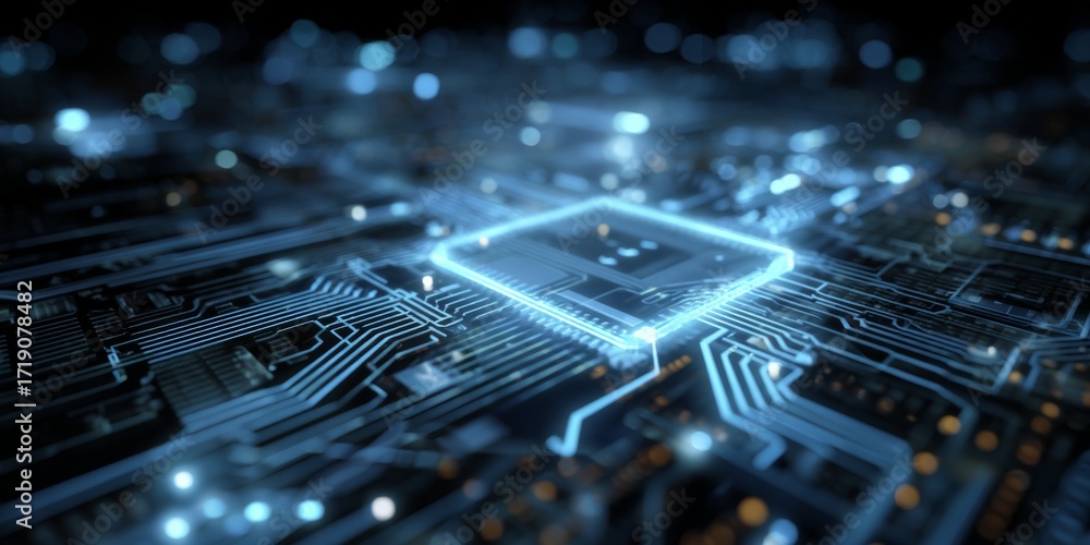 Poster abstract digital technology background with circuit board pattern and blue light effects for modern 
