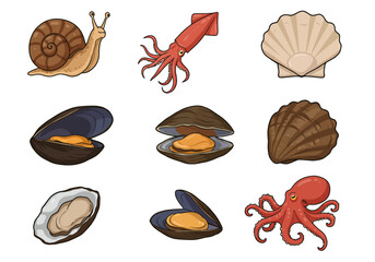 Nine cartoon seafood icons of snailsquidscallopsmusselsoysterclamand octopus arranged in a 3x3 grid on a plain white background