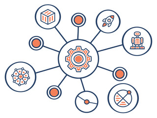 AI hub platform with interconnected icons, modern flat illustration style