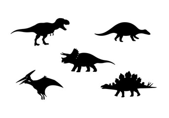 Silhouettes of five different dinosaurs each exhibiting distinct physical traits