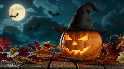 Spooky glowing jack o lantern with witch hat sits on wooden table with autumn leaves and bats flying under a full moon