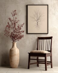 A neutral-toned room showcases a tall vase with delicate reddish-brown blossoms, a framed artwork of a delicate tree structure, and a simple wooden chair.