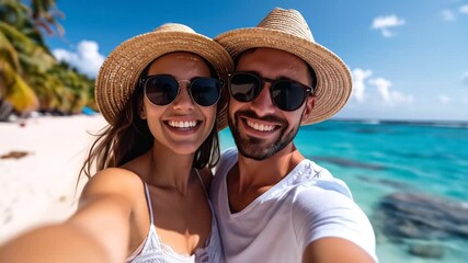 A joyful couple wearing straw hats and sunglasses takes a selfie on a sunny tropical beach with turquoise water and palm trees in the background. - Powered by Adobe