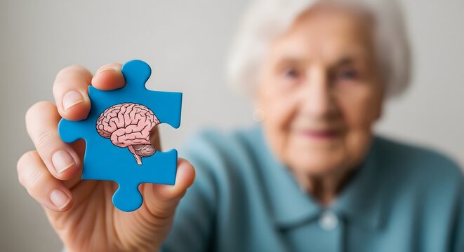 Elderly Woman Holding Puzzle Piece with Brain Symbol, Concept of Alzheimer’s Disease, Dementia Awareness and Mental Health Support for Seniors