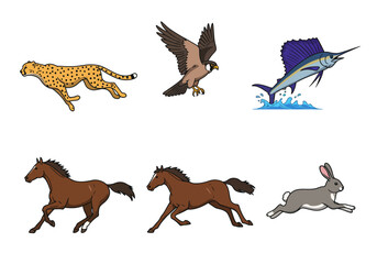 Six animalscheetah eagle marlin two horses and rabbitare shown leapingflying on a white background
