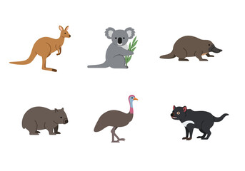 Fototapeta premium Six Australian animals kangaroo koala platypus wombat cassowary and Tasmanian devil are arranged on a white background