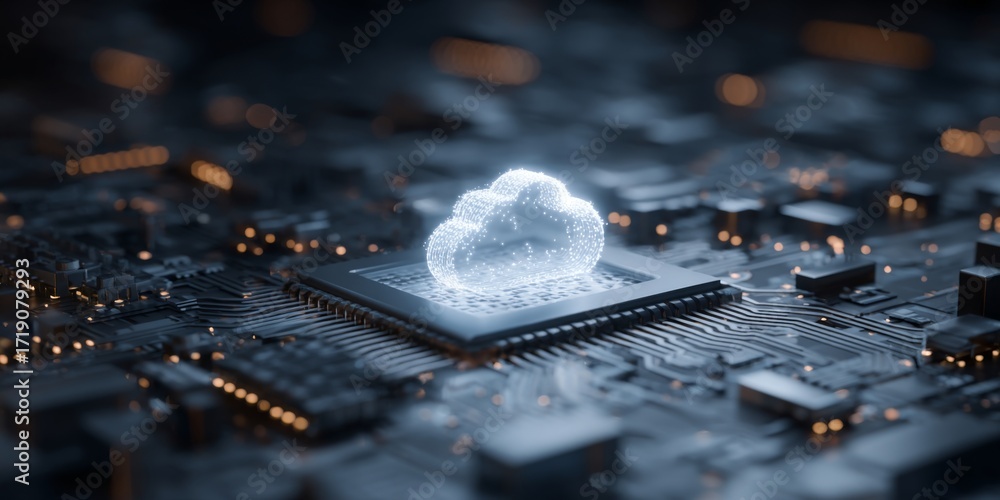 Poster digital technology concept with cloud computing and data exchange in futuristic environment