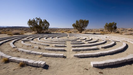 Circular white stone maze in desert