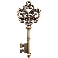 Ornate antique-style key with elaborate, swirling head and simple shaft, rendered in gold and silver tones against a white background