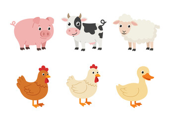 Six cartoon farm animals pig cow sheep two chickens and a duck