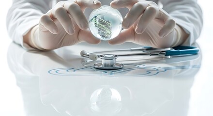 A person wearing white medical gloves holds a small glass globe with green lines, while a stethoscope rests on a reflective white surface with a blue abstract pattern.