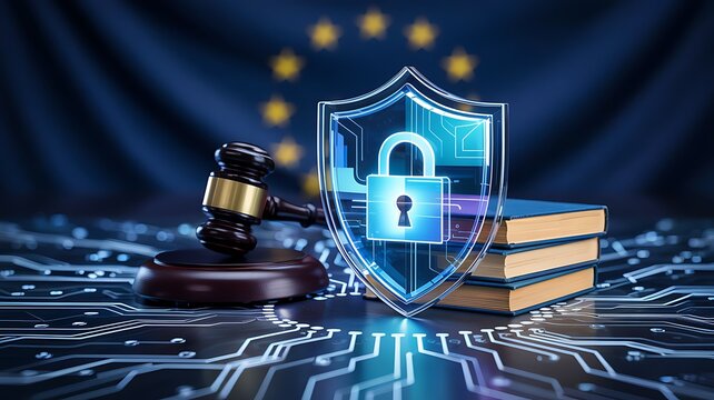 Digital law and cybersecurity concept with a judge s gavel a stack of legal books and a glowing shield with a padlock over a circuit board and eu flag