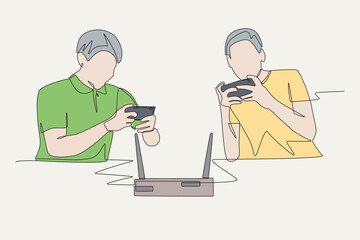 Colored friends playing mobile games are connected on the same network. Friends’ lan concept one-line drawing