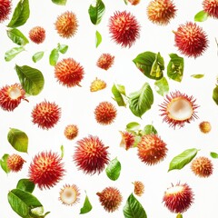 Colorful arrangement of rambutan fruits and green leaves on a white background.
