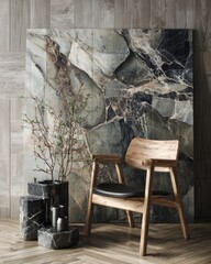A modern interior scene showcases a stylish wooden chair against a striking marble-patterned wall.