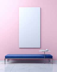 A modern waiting area featuring a blank canvas, a deep blue bench, and a small table with a cup of coffee against a soft pink wall.
