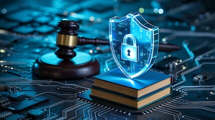 Digital security and legal justice concept with a glowing padlock shield on a book next to a judge s gavel on a circuit board