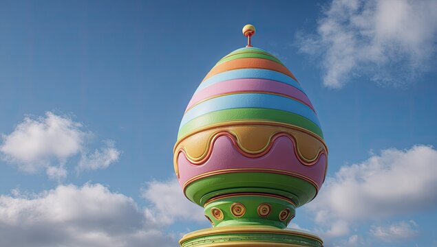 A large, colorful, striped Easter egg-shaped sculpture stands against a bright blue sky with fluffy white clouds. It has a decorative base and a small finial on top - Powered by Adobe