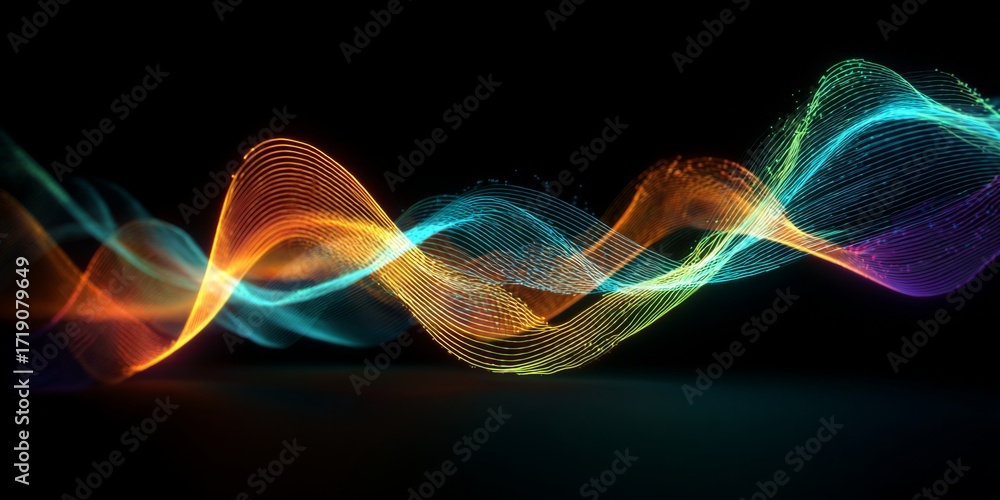 Poster abstract wave lines in vibrant colors on dark background for modern design and technology projects