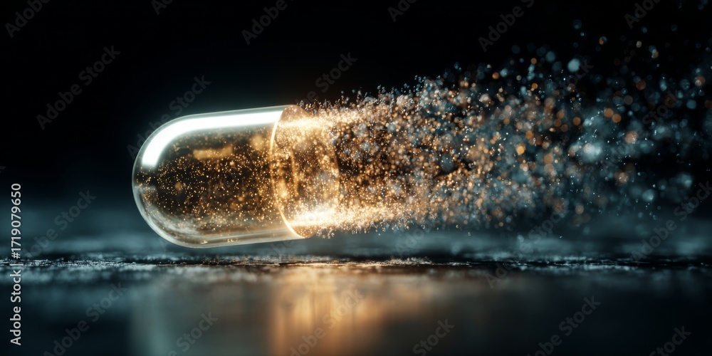Poster abstract digital representation of a glowing capsule breaking apart with particles on a dark backgro