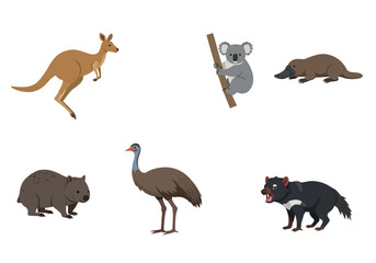 Six native Australian animals are shown kangaroo koala platypus wombat emu  Tasmanian devil