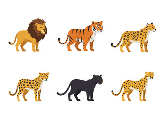 Six stylized cartoon big cats in two rows lion tiger three cheetahs black panther