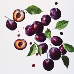 Fresh plums with leaves on a white background. Concept of healthy eating and fruit.